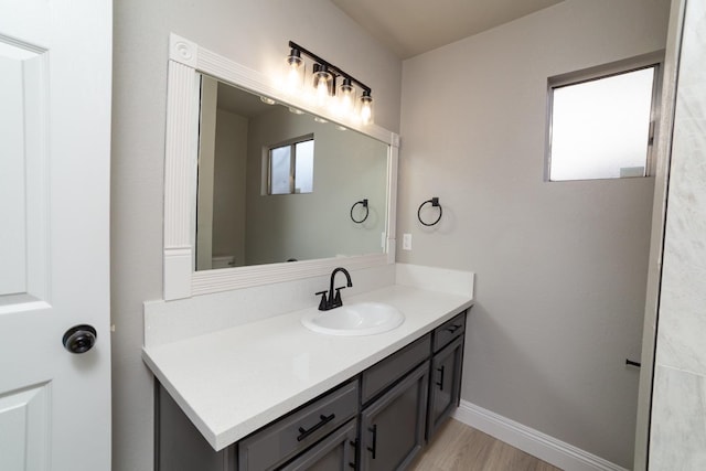 bathroom featuring a healthy amount of sunlight, vanity, baseboards, and wood finished floors