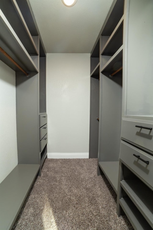 walk in closet with dark colored carpet