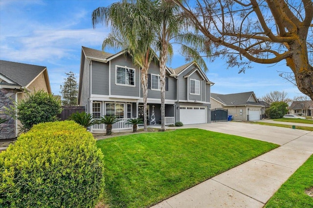 view of front of home featuring a front lawn, covered porch, and a garage