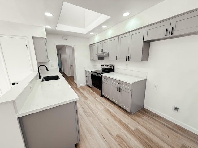 kitchen featuring gray cabinetry, electric stove, and sink