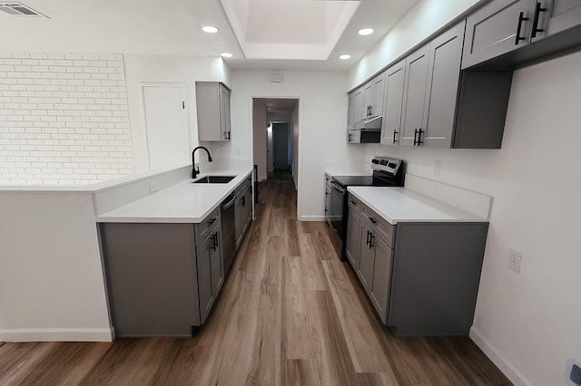 kitchen featuring gray cabinets, sink, and black / electric stove