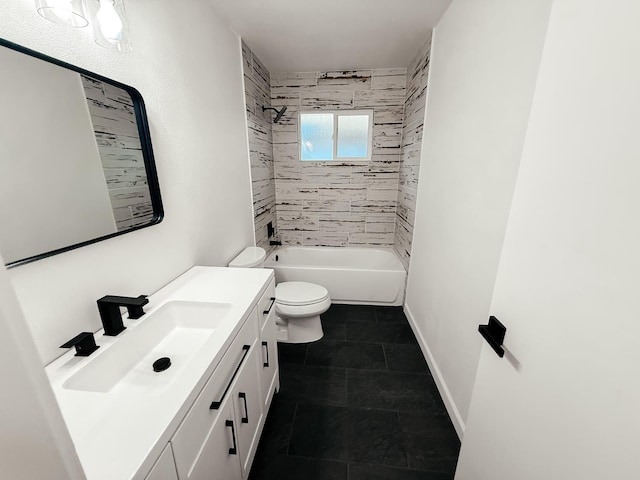 full bathroom featuring vanity, tiled shower / bath combo, and toilet