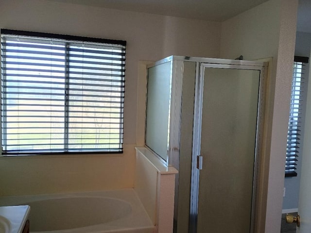 bathroom featuring vanity and shower with separate bathtub