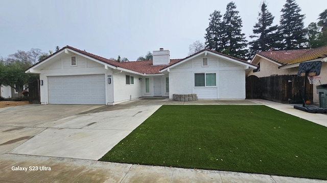 ranch-style home with a front yard and a garage