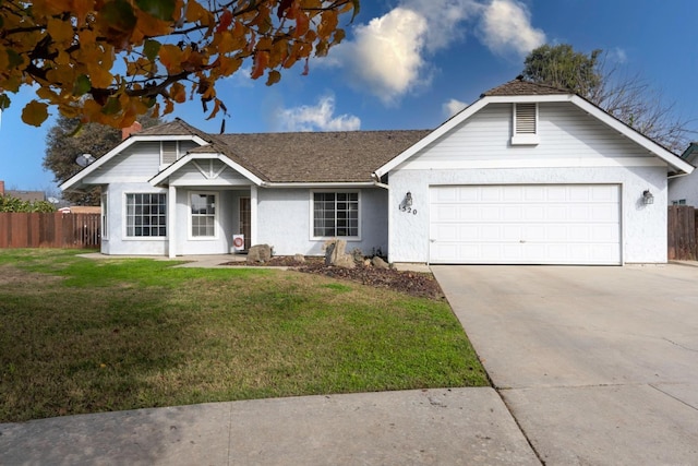 single story home with a garage and a front yard