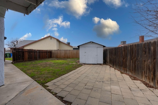 view of yard with a patio and a storage unit