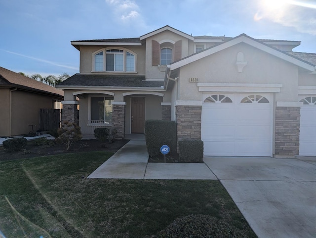 view of front of home with a garage, stone siding, stucco siding, a porch, and a front yard