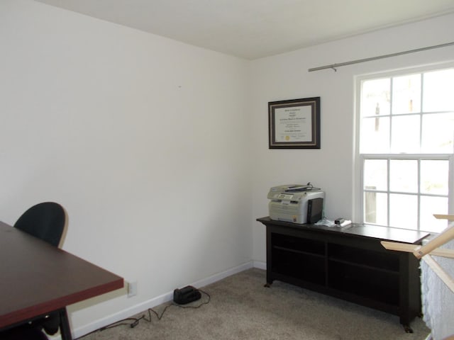 office area featuring light carpet