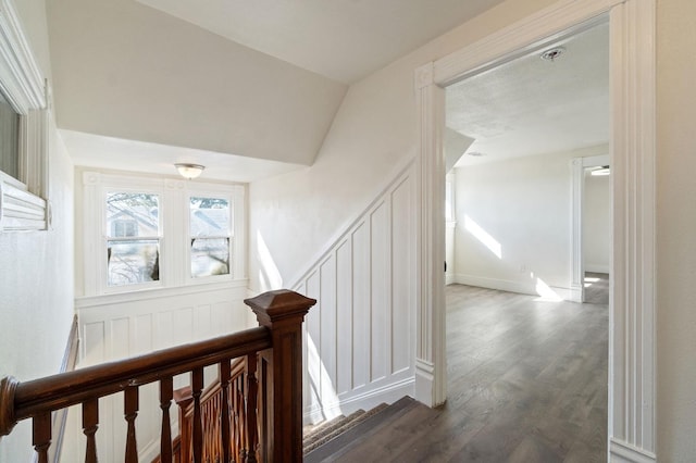 hallway featuring dark hardwood / wood-style flooring and lofted ceiling