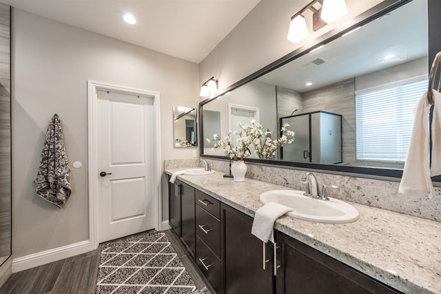 bathroom with vanity and a shower with shower door