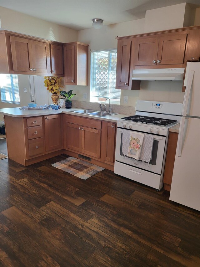 kitchen featuring dark hardwood / wood-style floors, sink, white appliances, and kitchen peninsula