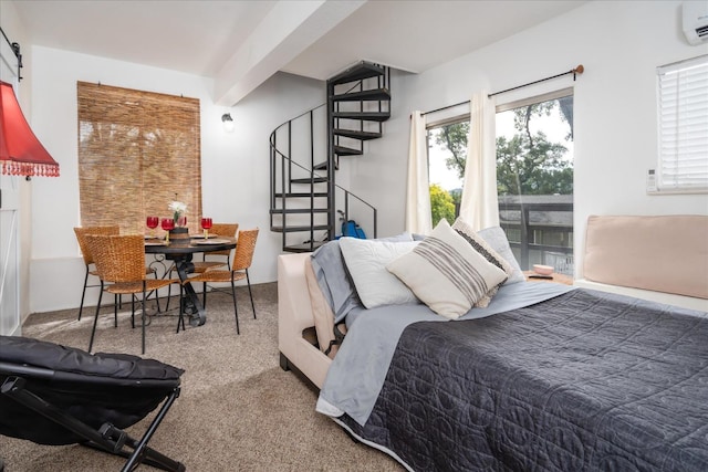 bedroom with carpet flooring and an AC wall unit