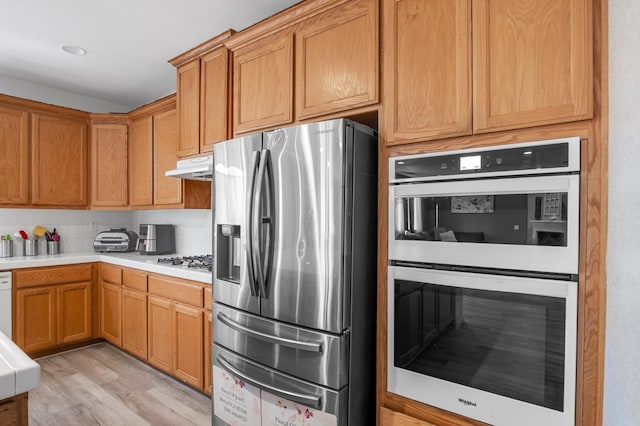 kitchen featuring decorative backsplash, stainless steel appliances, and light hardwood / wood-style floors