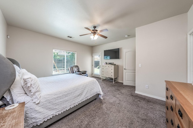 carpeted bedroom featuring ceiling fan