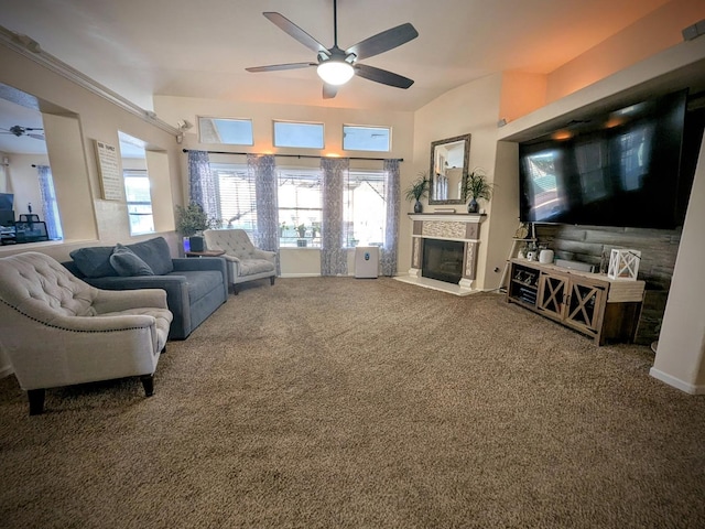 living room with carpet and ceiling fan