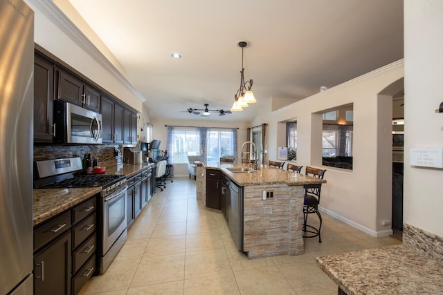 kitchen featuring sink, a breakfast bar area, a kitchen island with sink, dark brown cabinetry, and stainless steel appliances