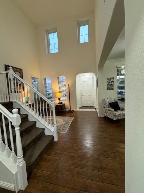 entryway featuring a high ceiling and dark hardwood / wood-style flooring