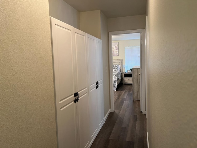 hall featuring dark wood-style floors and a textured wall