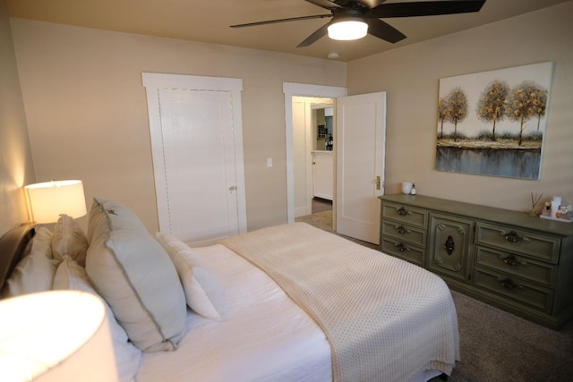 carpeted bedroom with ceiling fan