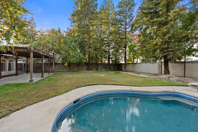 view of swimming pool with a patio area and a yard