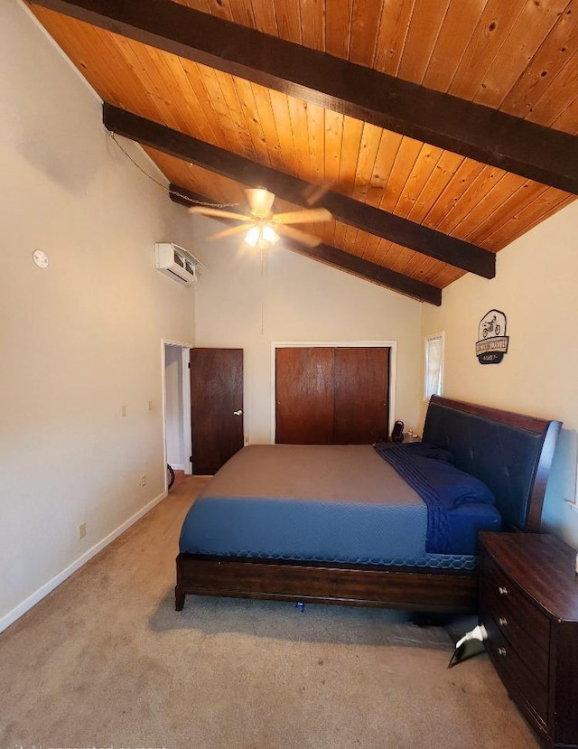 bedroom with carpet, wood ceiling, a wall unit AC, ceiling fan, and vaulted ceiling with beams