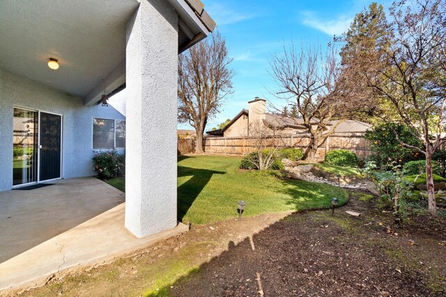view of yard with a fenced backyard and a patio