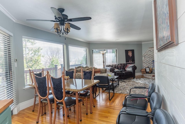 dining room with ceiling fan, light hardwood / wood-style floors, and crown molding