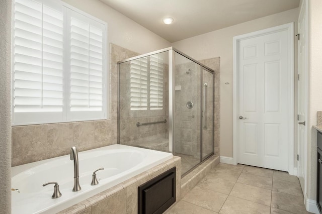 bathroom with vanity, separate shower and tub, and tile patterned floors