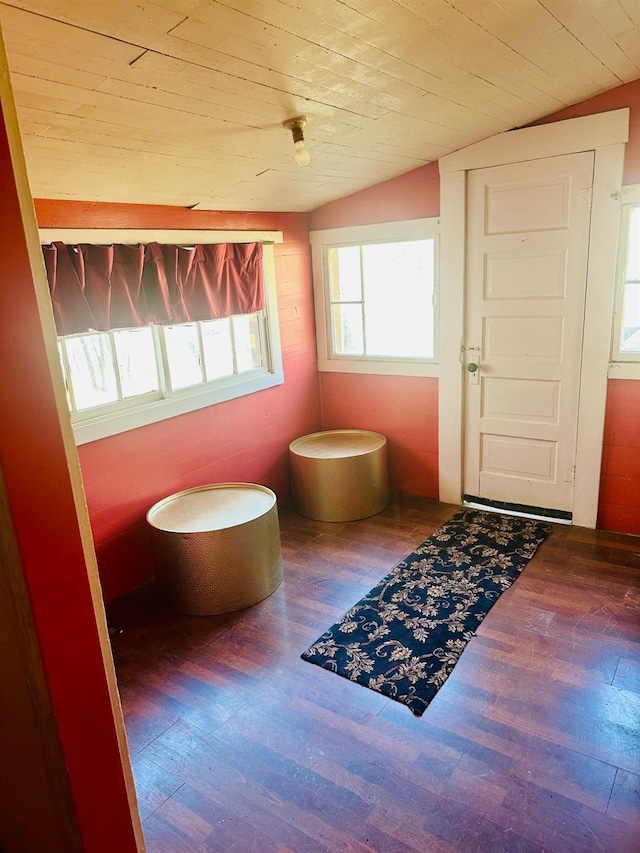 bathroom with lofted ceiling, wood finished floors, and wood ceiling