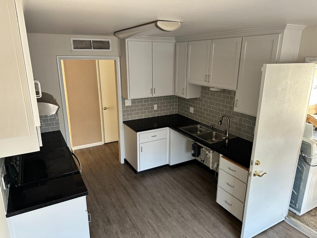 kitchen with backsplash, white cabinetry, sink, and dark wood-type flooring