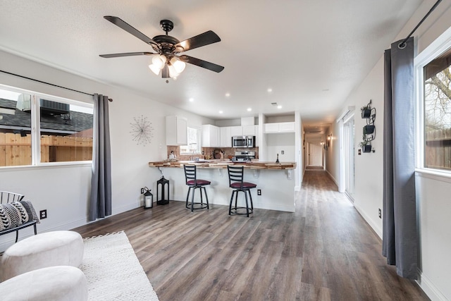 living room featuring hardwood / wood-style flooring, ceiling fan, and a healthy amount of sunlight