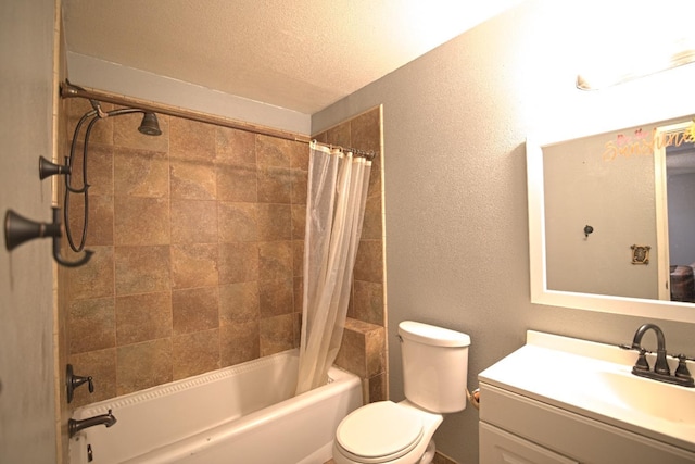 full bathroom with shower / bath combination with curtain, toilet, and vanity