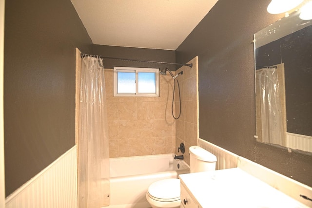 full bathroom with vanity, toilet, and shower / bathtub combination with curtain