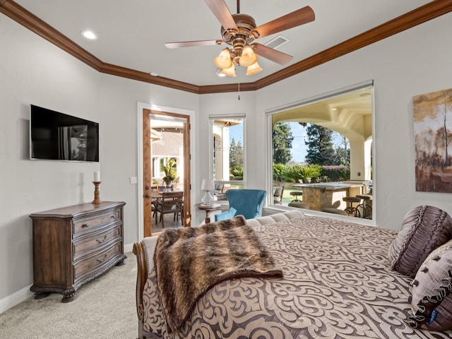 bedroom with ceiling fan, crown molding, and light carpet