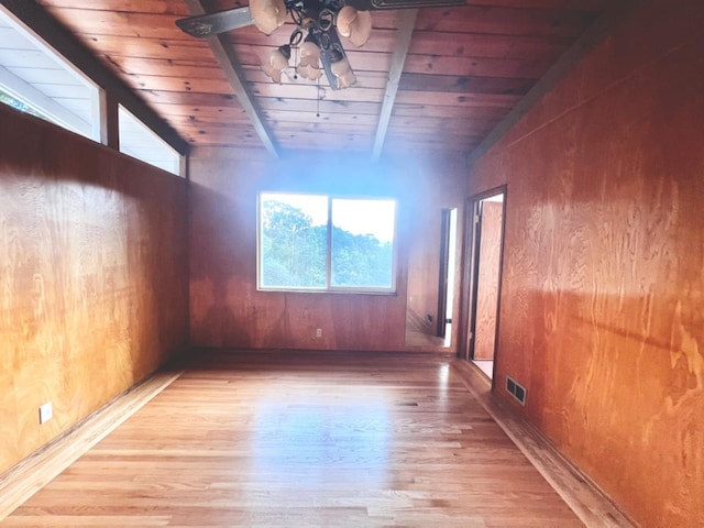 empty room with ceiling fan, wood walls, beamed ceiling, hardwood / wood-style flooring, and wooden ceiling