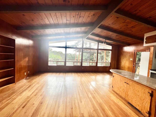 unfurnished living room with ceiling fan, lofted ceiling with beams, a wealth of natural light, and wood walls