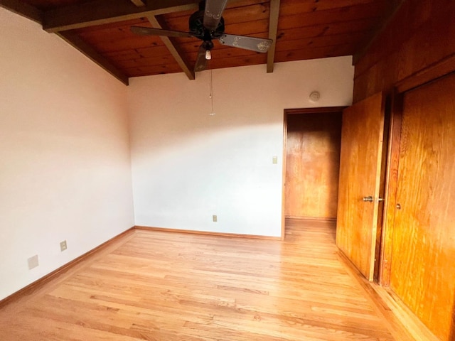 spare room featuring ceiling fan, vaulted ceiling with beams, light hardwood / wood-style floors, and wooden ceiling