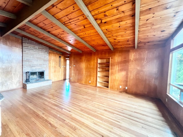 unfurnished living room with lofted ceiling with beams, wooden walls, light wood-type flooring, built in features, and wood ceiling