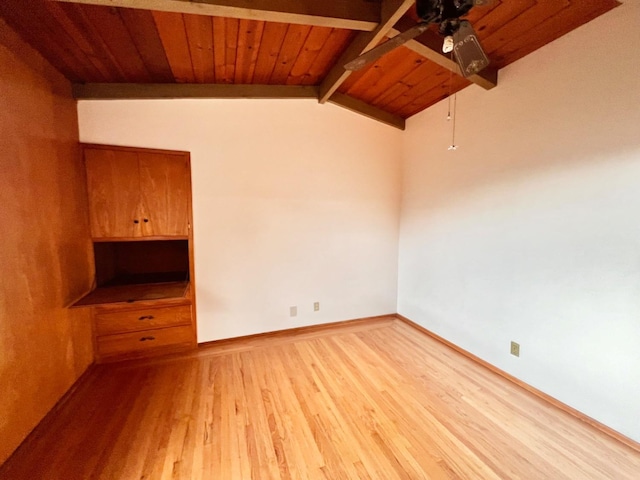 empty room featuring ceiling fan, wood ceiling, light hardwood / wood-style flooring, and lofted ceiling with beams