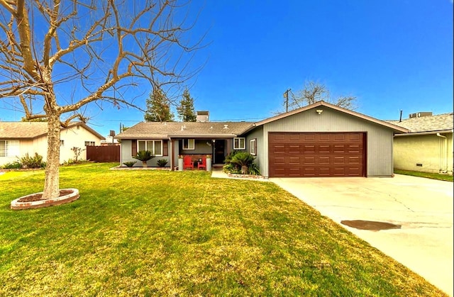 single story home with a garage and a front lawn