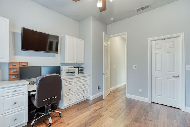 home office featuring ceiling fan and light wood-type flooring