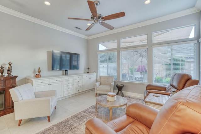 living room with ceiling fan, crown molding, and light tile patterned floors