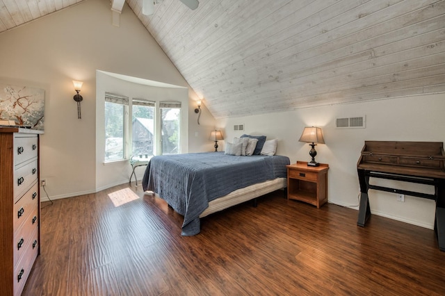 bedroom with vaulted ceiling with beams, dark hardwood / wood-style floors, and wood ceiling