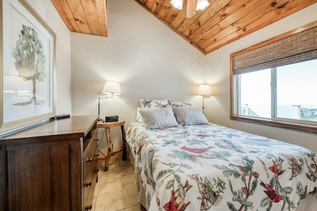 bedroom featuring ceiling fan, wooden ceiling, and vaulted ceiling