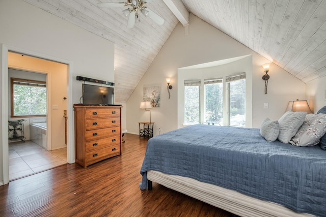 bedroom featuring wooden ceiling, lofted ceiling with beams, ensuite bath, ceiling fan, and wood-type flooring