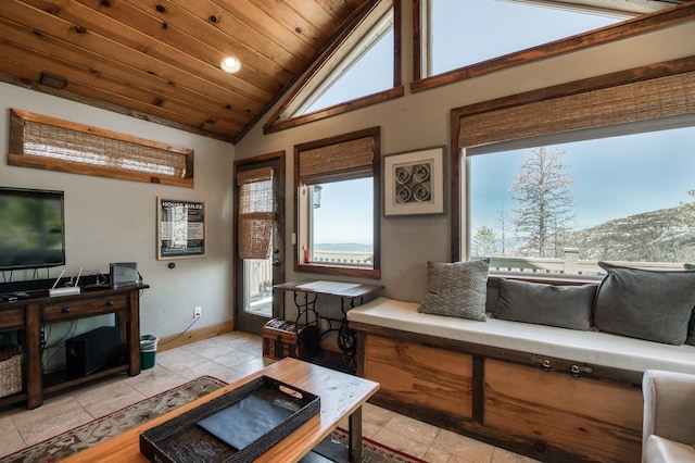 living room with a mountain view, high vaulted ceiling, light tile patterned flooring, and wood ceiling