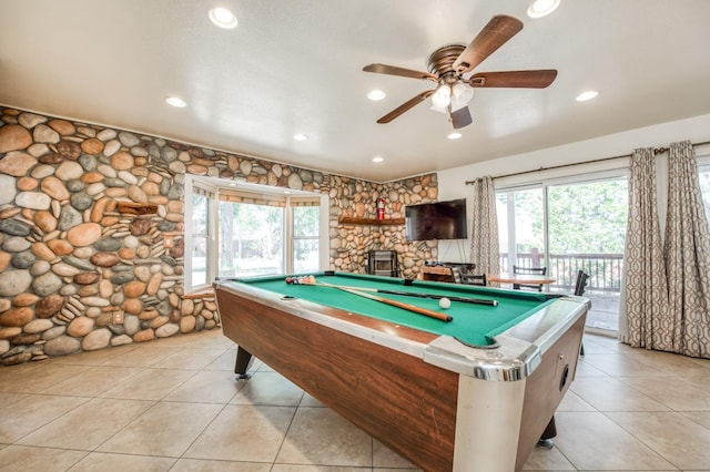 recreation room featuring light tile patterned flooring, ceiling fan, and billiards