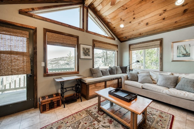 living room with wooden ceiling, light tile patterned floors, and lofted ceiling with beams