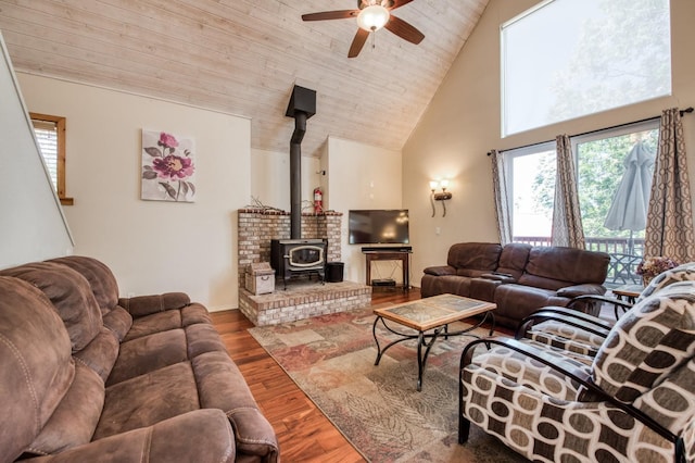 living room with a wood stove, high vaulted ceiling, hardwood / wood-style flooring, ceiling fan, and wood ceiling