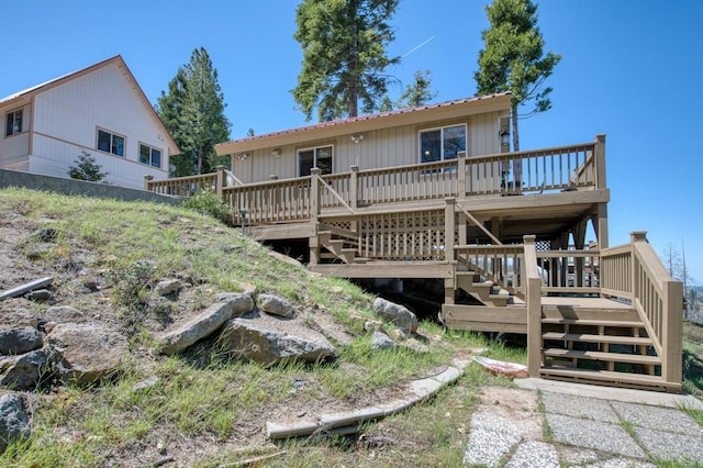 39722 Crest Point Ln, Shaver Lake, CA 93664 - back of property featuring stairway and a wooden deck